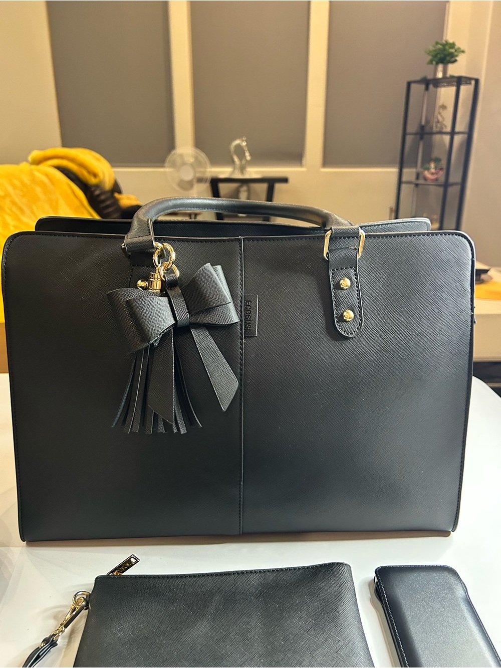 Black-Women's Laptop Tote Bag with Bow Charm - Sleek Professional Work Bag - Picture 3 of 14